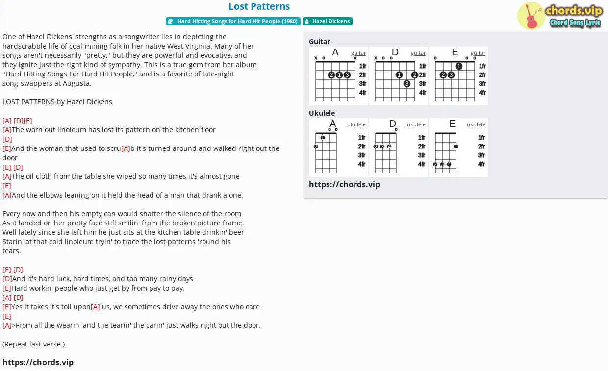 Chord Lost Patterns Hazel Dickens Tab Song Lyric Sheet Guitar Ukulele Chords Vip