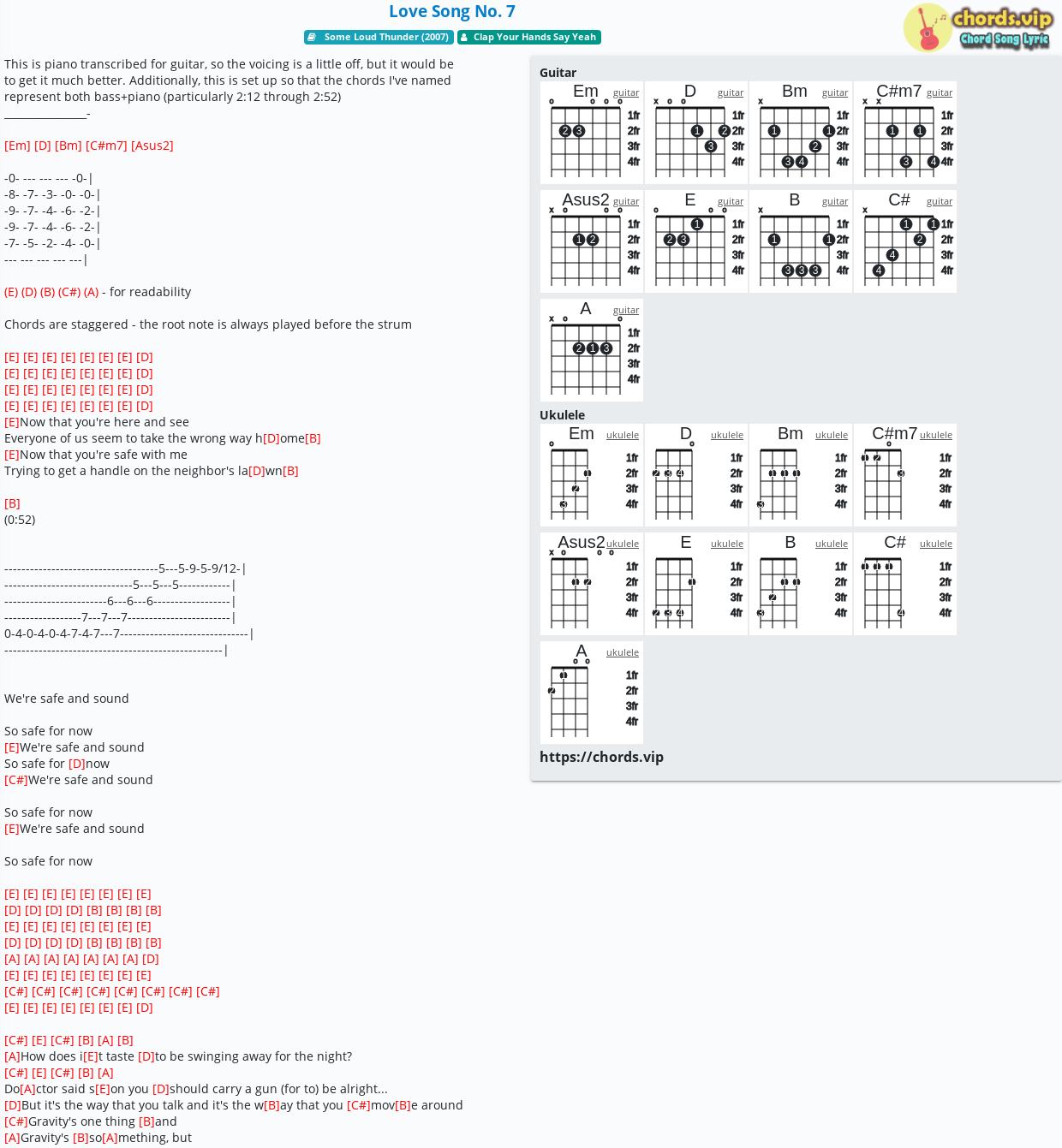 Chord Love Song No 7 Clap Your Hands Say Yeah Tab Song Lyric Sheet Guitar Ukulele Chords Vip