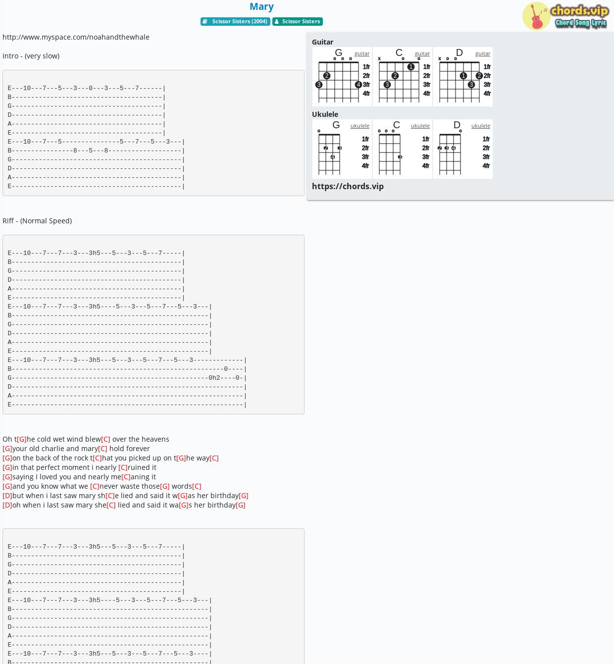 Chord: Mary - Scissor Sisters - tab, song lyric, sheet, guitar, ukulele