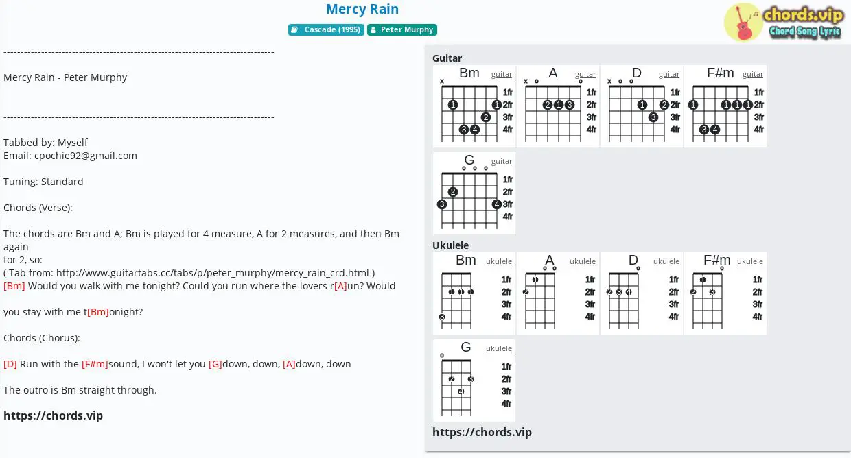 Chord Mercy Rain Peter Murphy Tab Song Lyric Sheet Guitar Ukulele Chords Vip