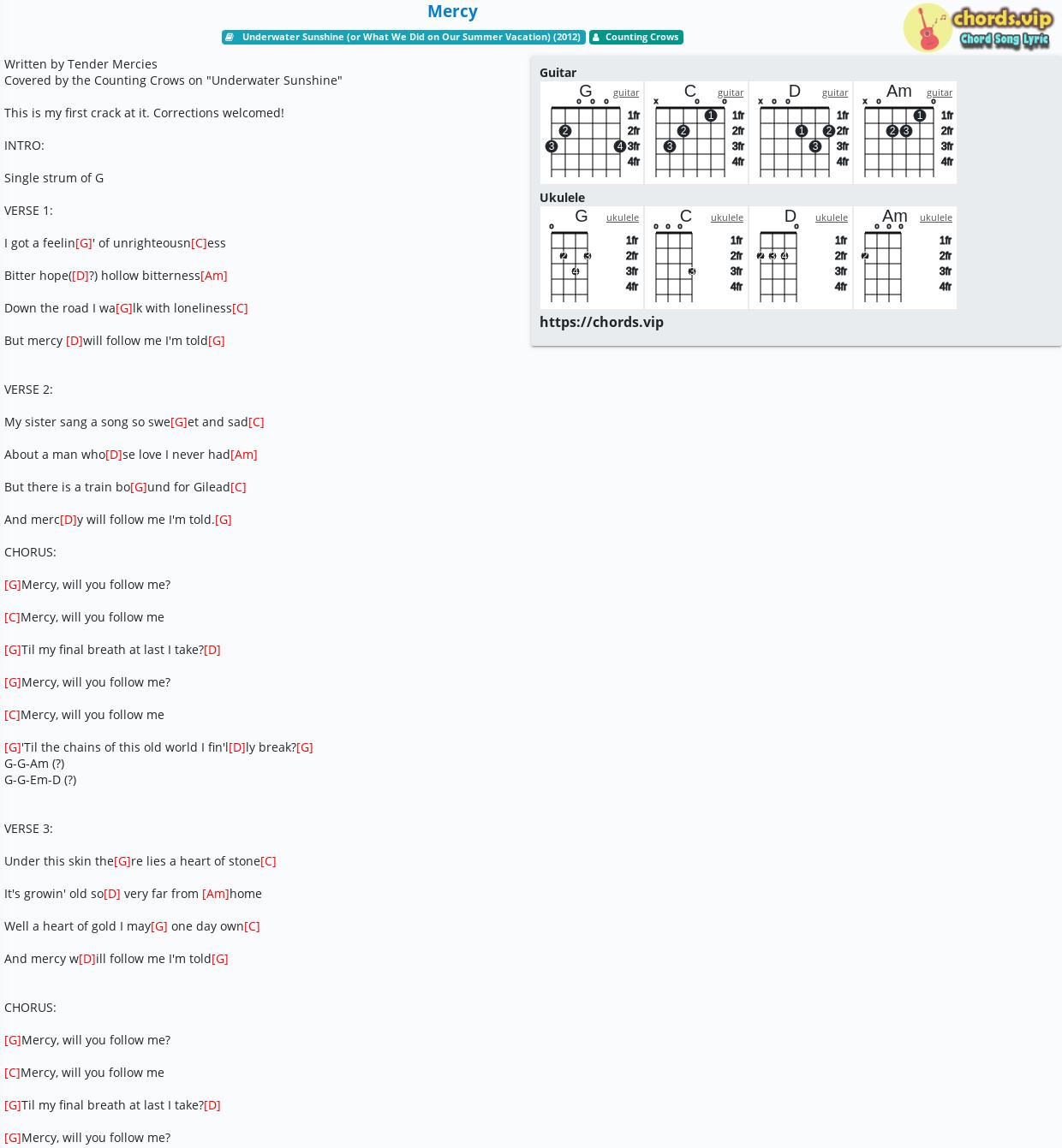 Chord Mercy Counting Crows tab, song lyric, sheet, guitar, ukulele