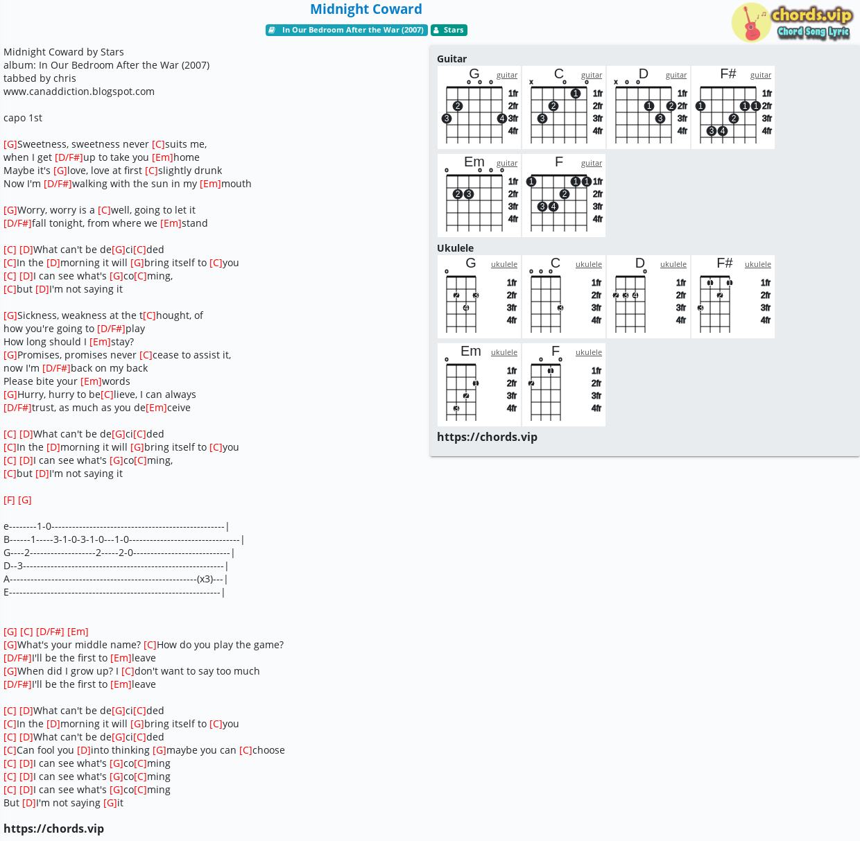 Chord Midnight Coward Stars Tab Song Lyric Sheet Guitar Ukulele Chords Vip