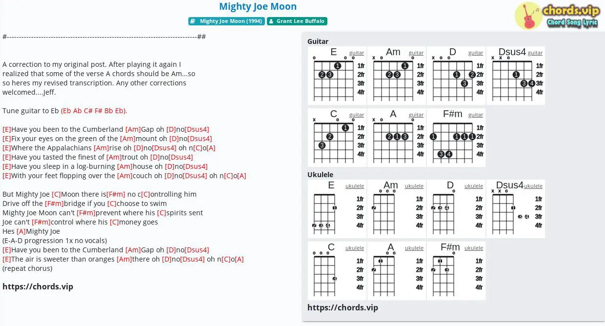 Chord Mighty Joe Moon Grant Lee Buffalo Tab Song Lyric Sheet Guitar Ukulele Chords Vip