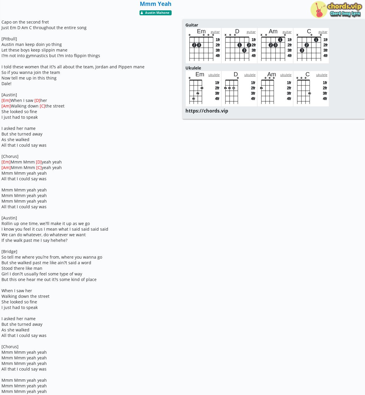 Chord: Mmm Yeah - Austin Mahone - tab, song lyric, sheet, guitar ...