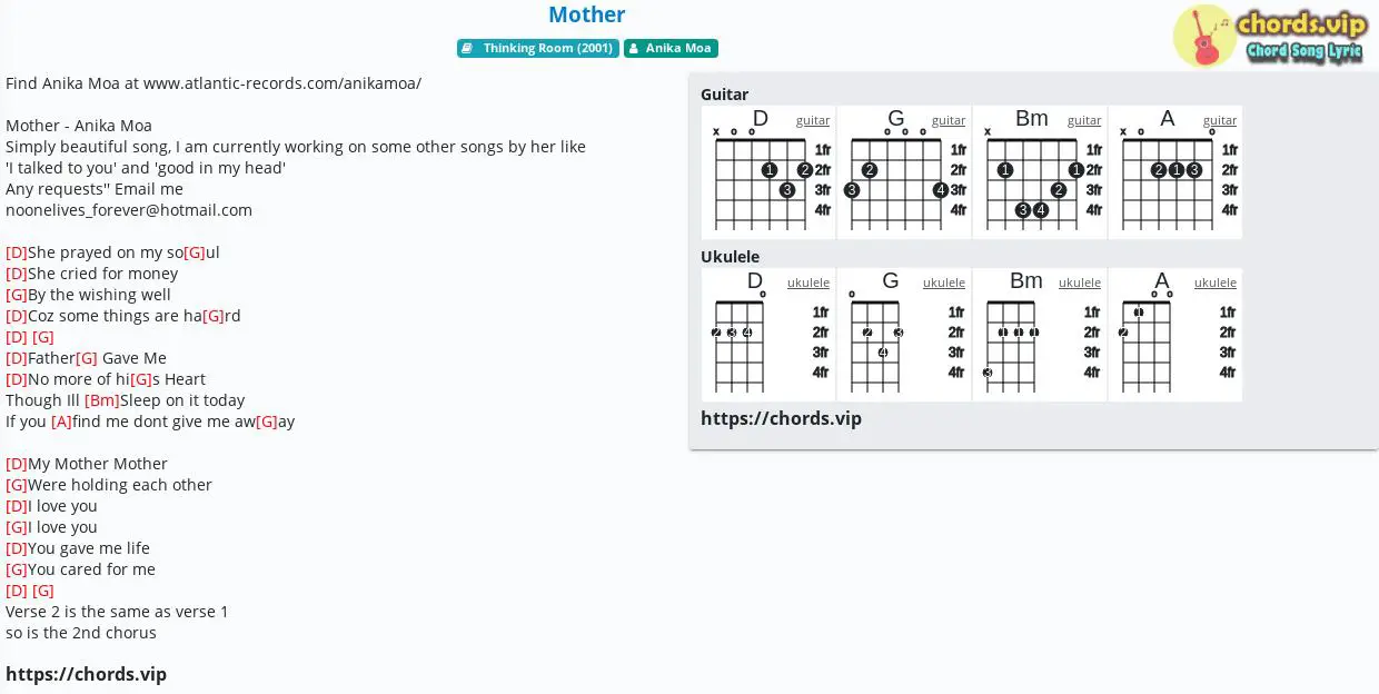 Chord Mother Anika Moa Tab Song Lyric Sheet Guitar Ukulele Chords Vip
