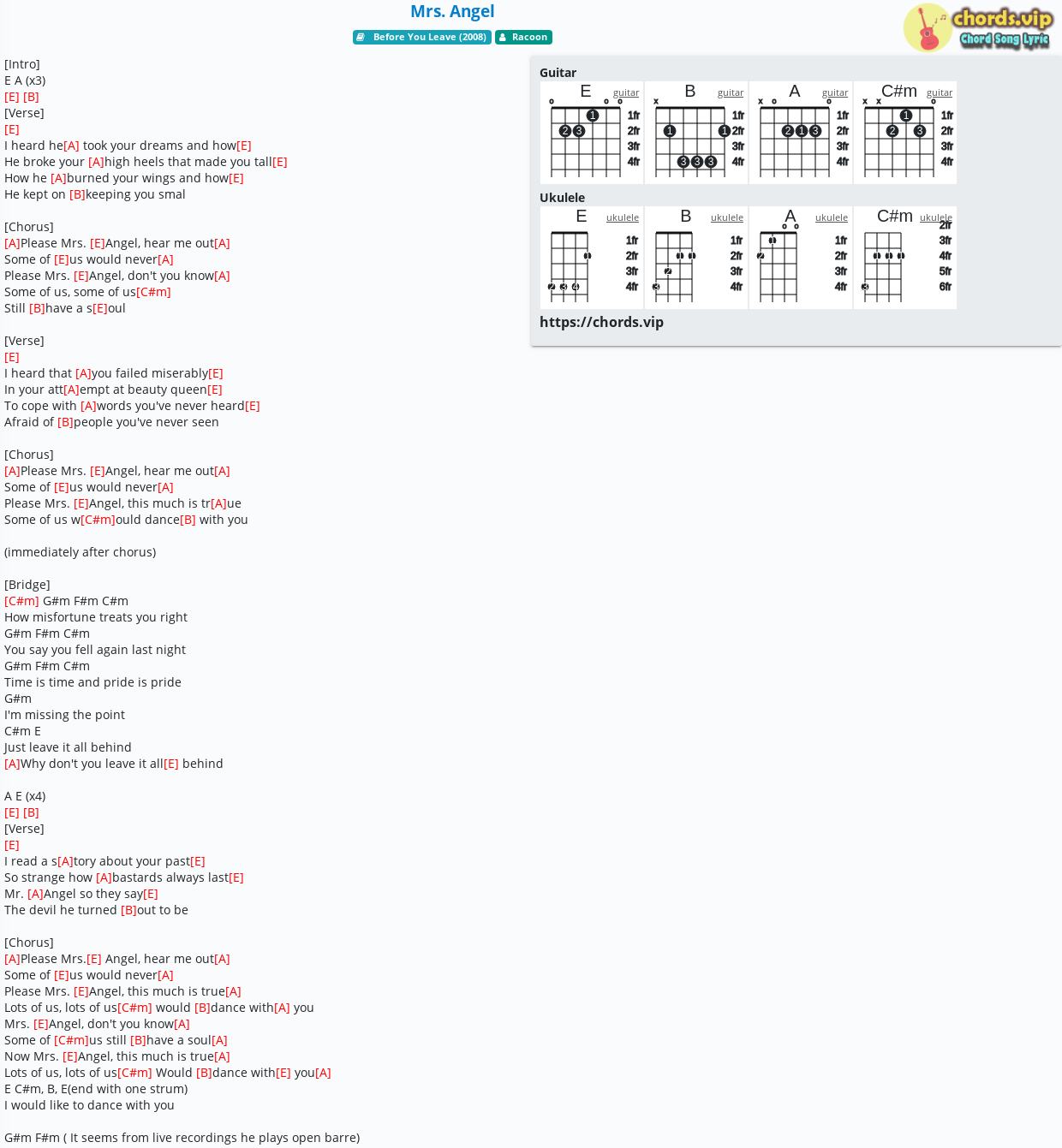 Chord Mrs Angel Racoon Tab Song Lyric Sheet Guitar Ukulele Chordsvip