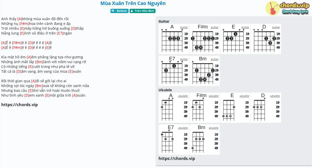 Chord Mua Xuan Tren Cao Nguyen Trần Hữu Bich Tab Song Lyric Sheet Guitar Ukulele Chords Vip