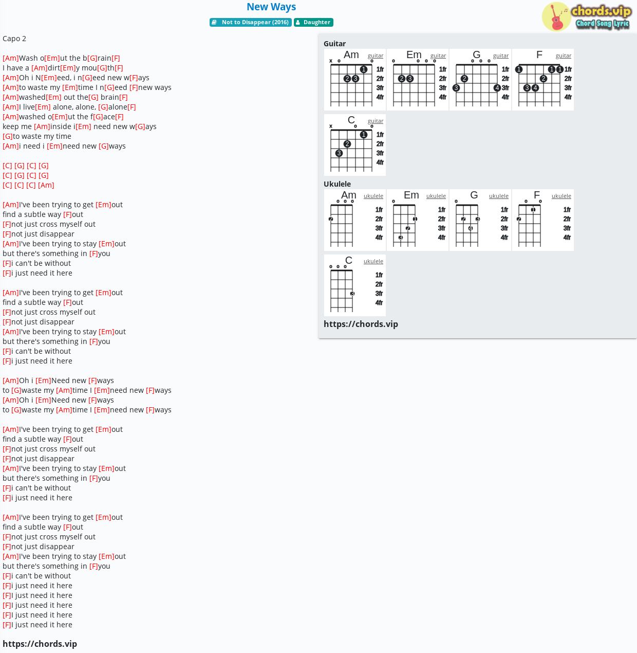 Chord New Ways Tab Song Lyric Sheet Guitar Ukulele Chords Vip