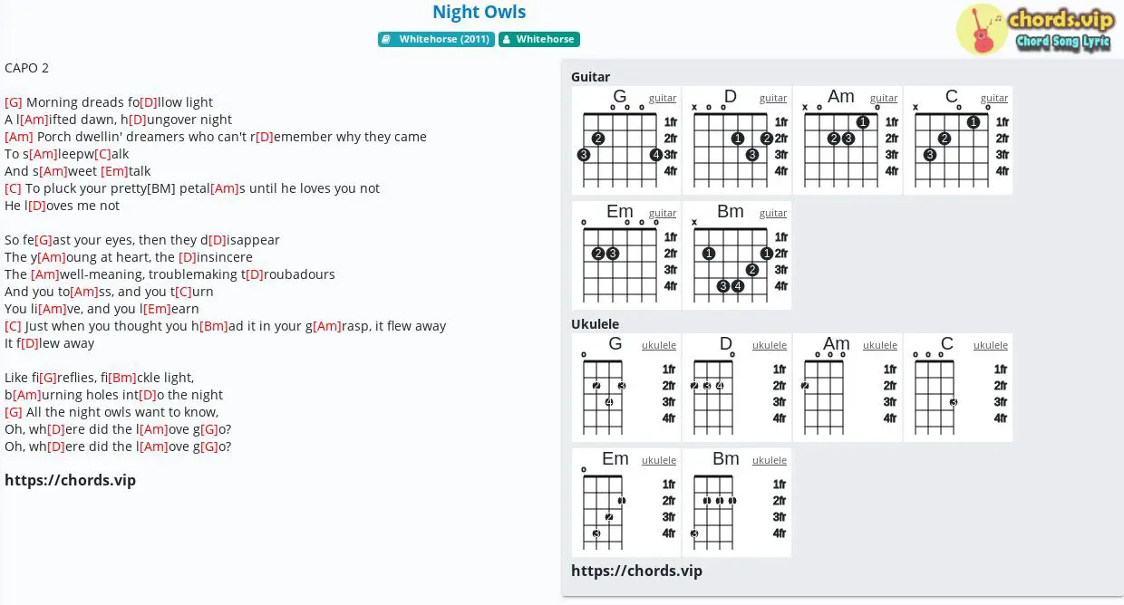 Chord Night Owls Whitehorse Tab Song Lyric Sheet Guitar Ukulele Chords Vip