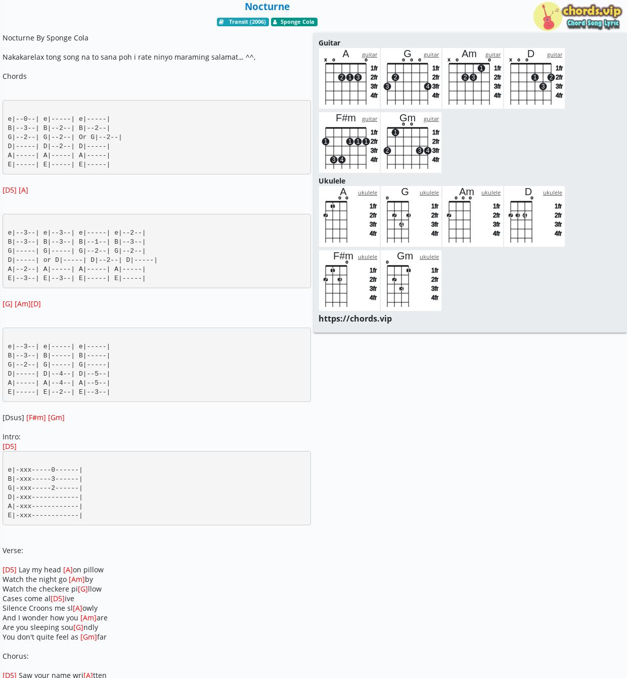 Chord Nocturne Sponge Cola Tab Song Lyric Sheet Guitar Ukulele Chords Vip