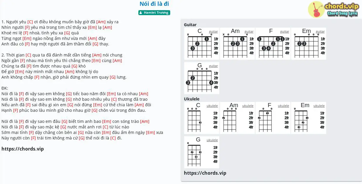 Hợp âm: Nói đi là đi - Hamlet Trương - cảm âm, tab guitar, ukulele - lời bài hát | chords.vip