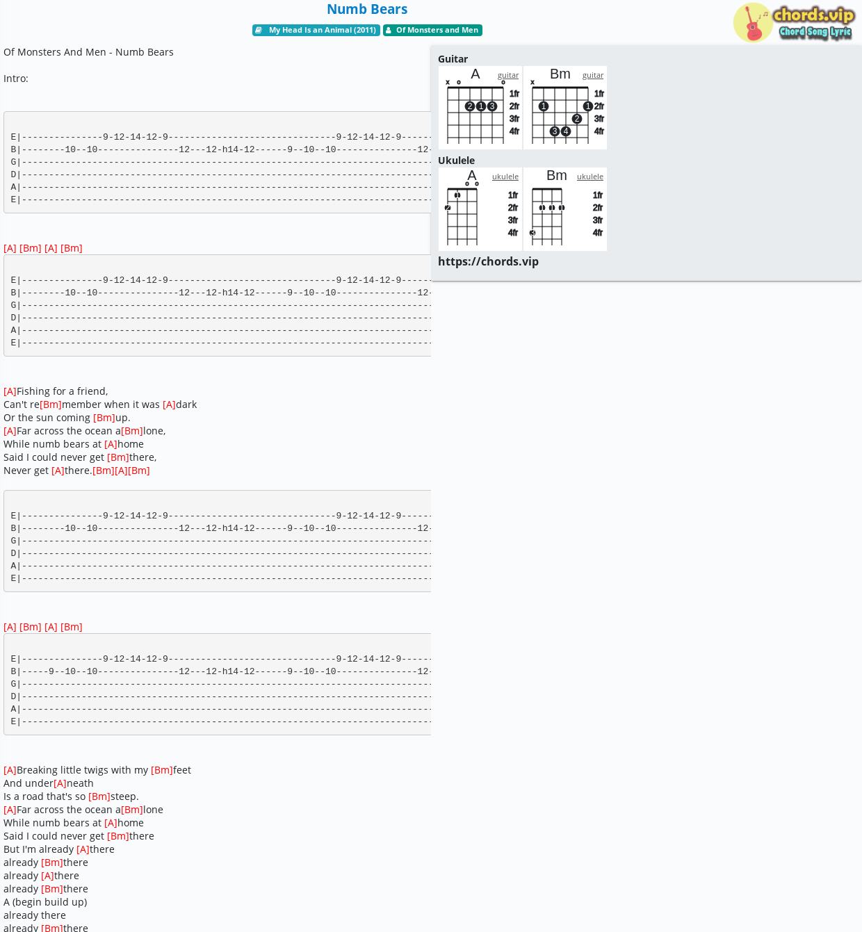 Chord Numb Bears Of Monsters And Men Tab Song Lyric Sheet Guitar Ukulele Chordsvip 