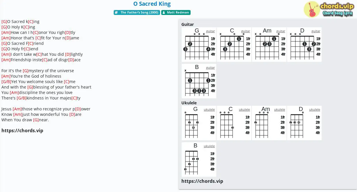 Chord O Sacred King Matt Redman Tab Song Lyric Sheet Guitar Ukulele Chords Vip