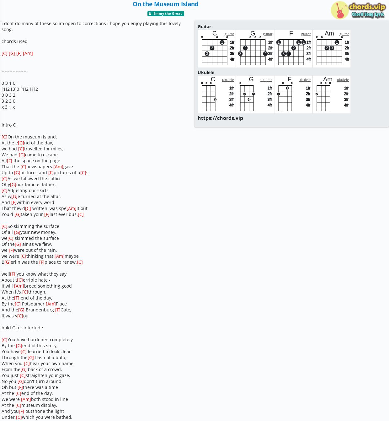 Chord On The Museum Island Emmy The Great Tab Song Lyric Sheet Guitar Ukulele Chords Vip