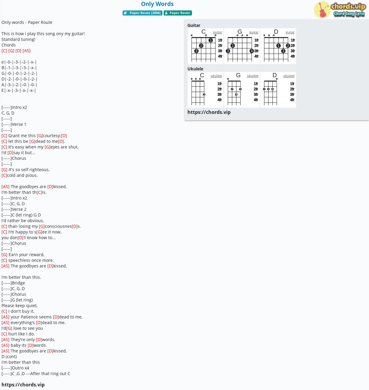 Chord: Only Words - Paper Route - tab, song lyric, sheet, guitar