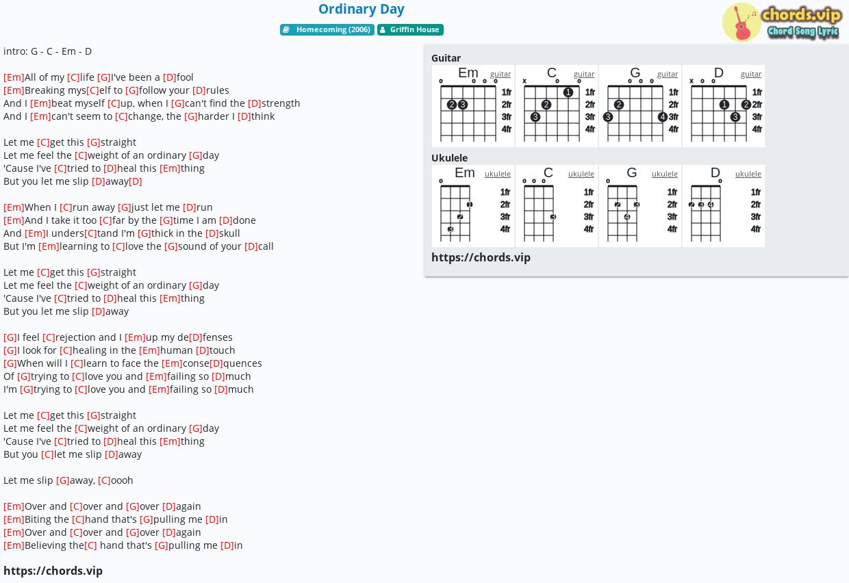 Chord Ordinary Day Griffin House Tab Song Lyric Sheet Guitar Ukulele Chords Vip