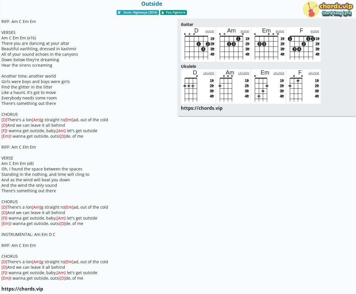 Chord Outside Foo Fighters Tab Song Lyric Sheet Guitar Ukulele Chords Vip