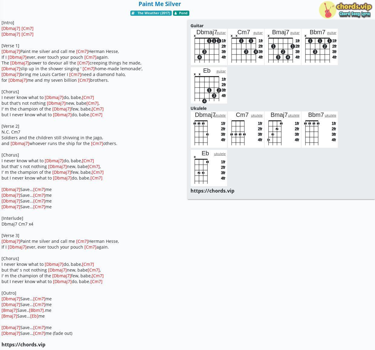 Chord Paint Me Silver Tab Song Lyric Sheet Guitar Ukulele Chords Vip