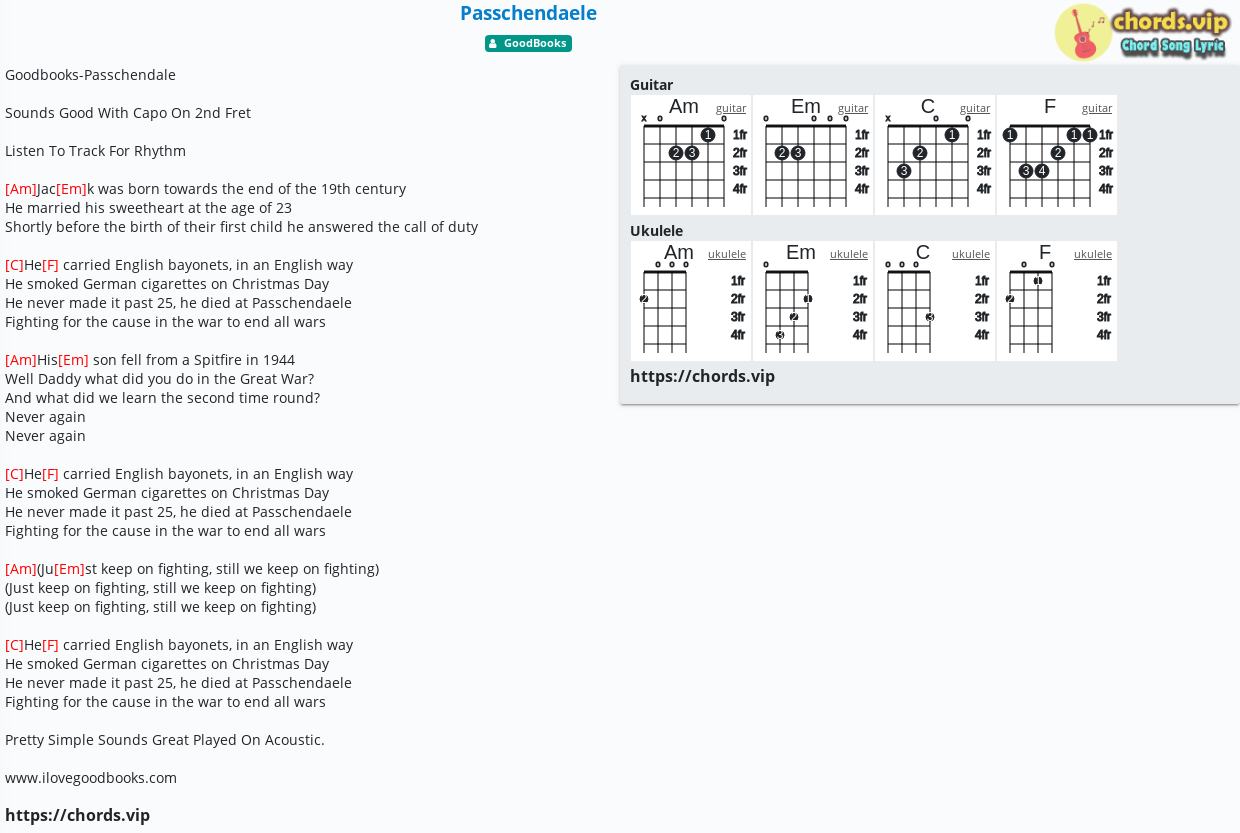 Chord Passchendaele Goodbooks Tab Song Lyric Sheet Guitar Ukulele Chords Vip