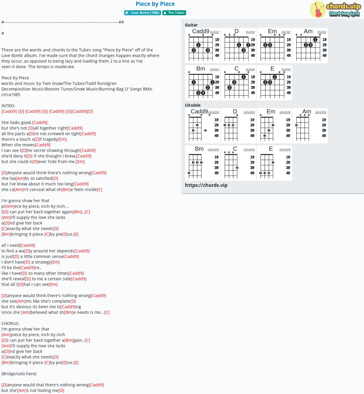 Chord Piece by Piece  The Tubes  tab, song lyric, sheet, guitar