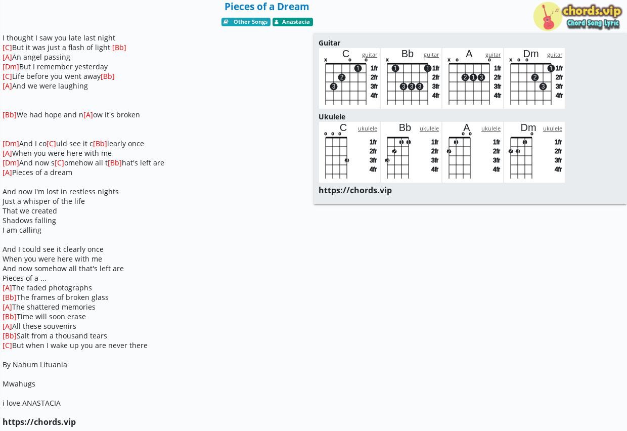 Chord Pieces Of A Dream Anastacia Tab Song Lyric Sheet Guitar Ukulele Chords Vip