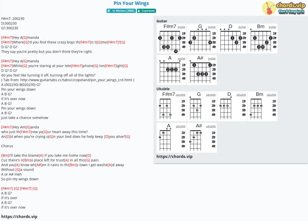 Chord Pin Your Wings Copeland Tab Song Lyric Sheet Guitar Ukulele Chords Vip