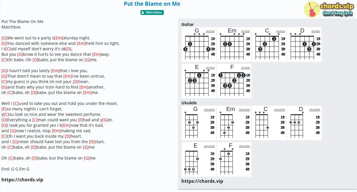 Chord: Put the Blame on Me - Matchbox - song sheet, guitar, ukulele chords.vip