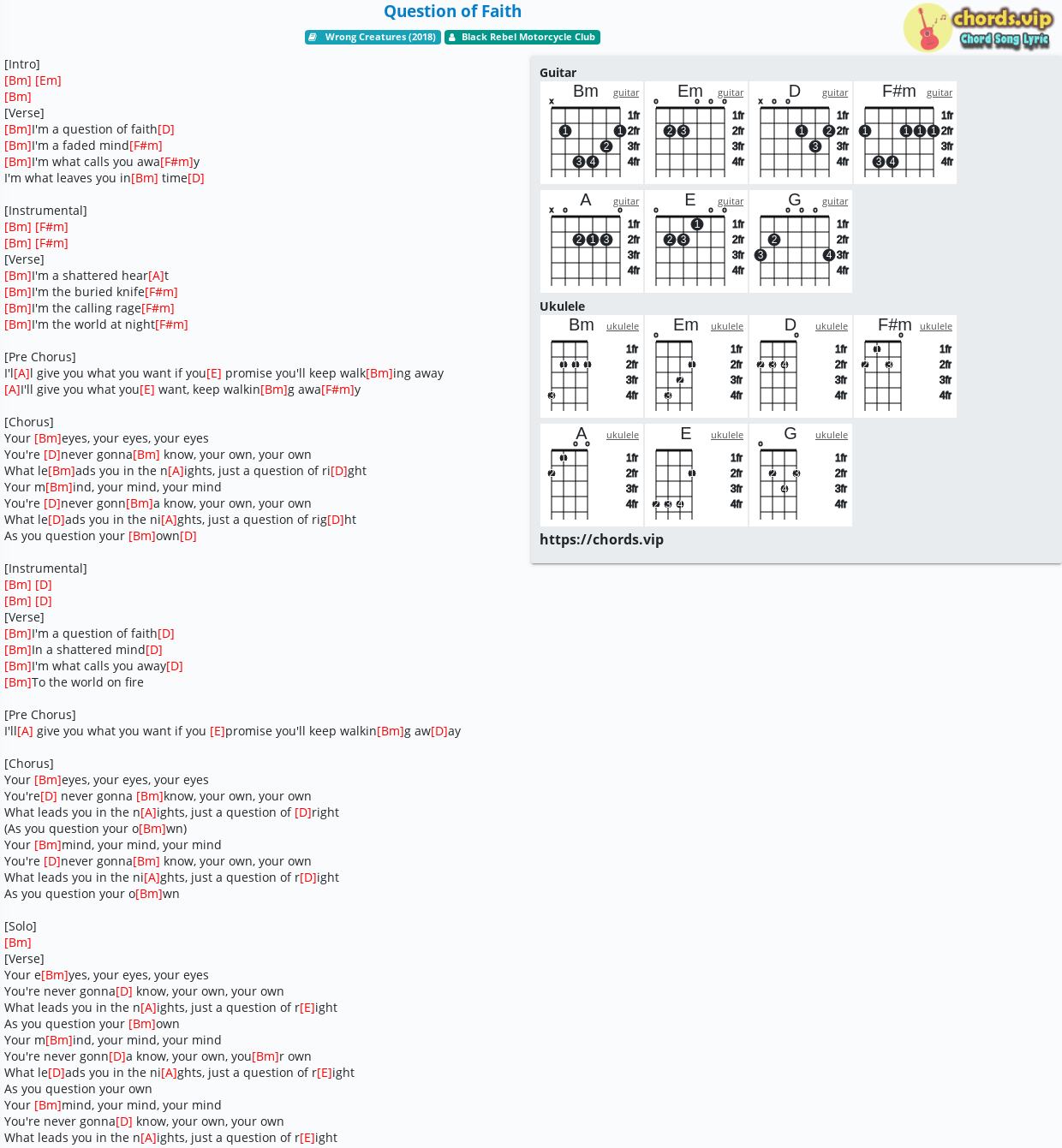 Chord: Question of Faith - Black Rebel Motorcycle Club - tab, song lyric,  sheet, guitar, ukulele 