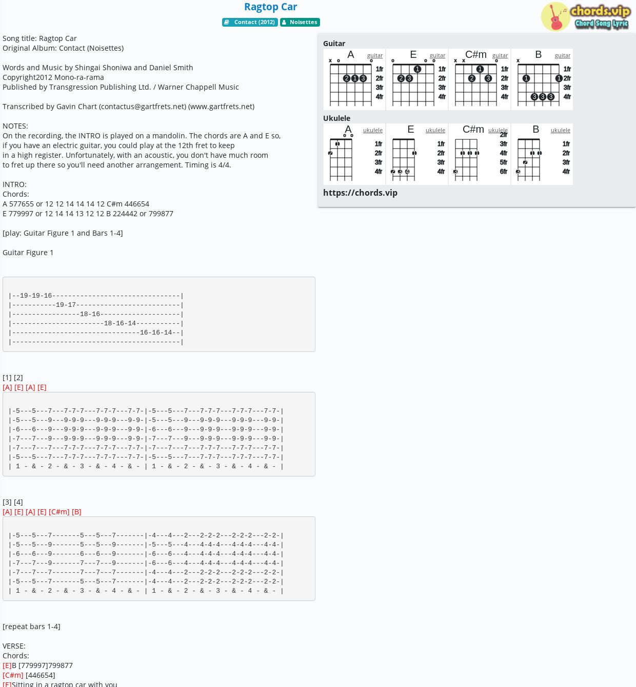 Chord Ragtop Car Noisettes Tab Song Lyric Sheet Guitar Ukulele Chords Vip