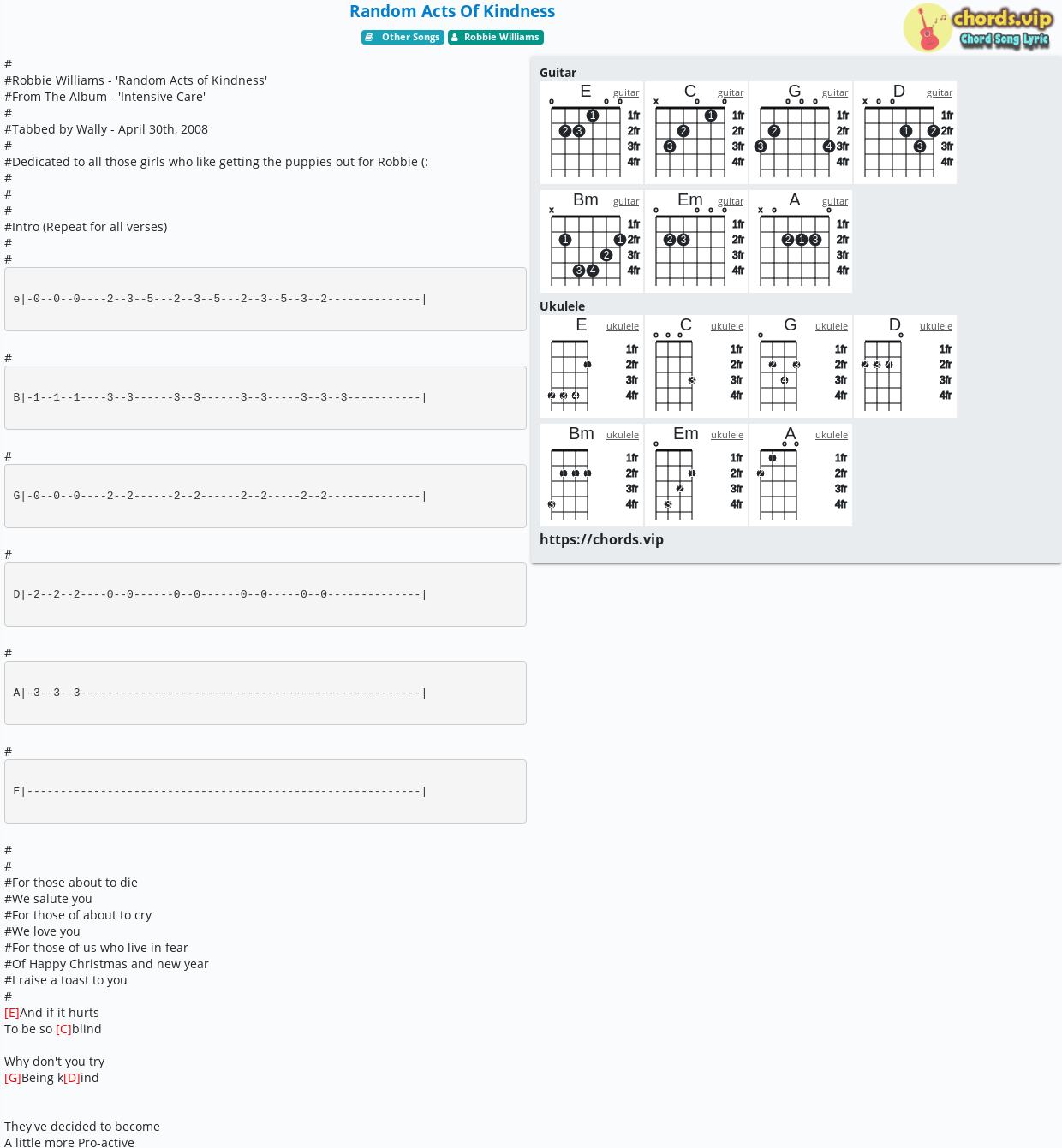 Chord Random Acts Of Kindness Robbie Williams tab, song lyric