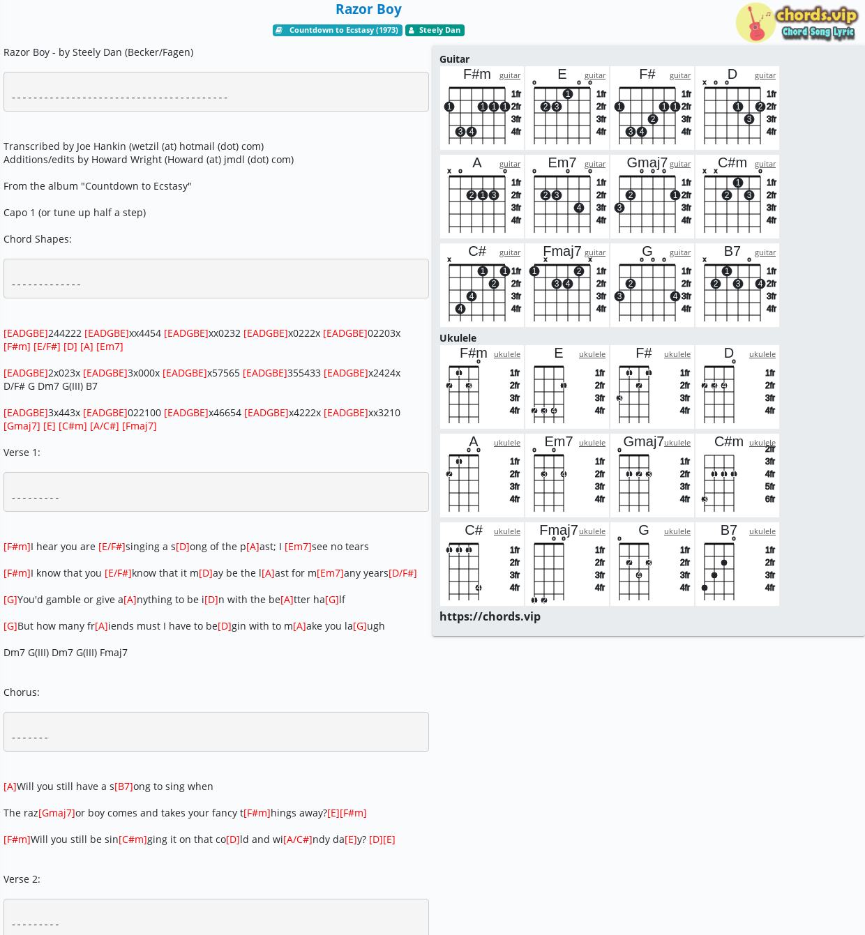 Chord Razor Boy Steely Dan Tab Song Lyric Sheet Guitar Ukulele Chordsvip 1270
