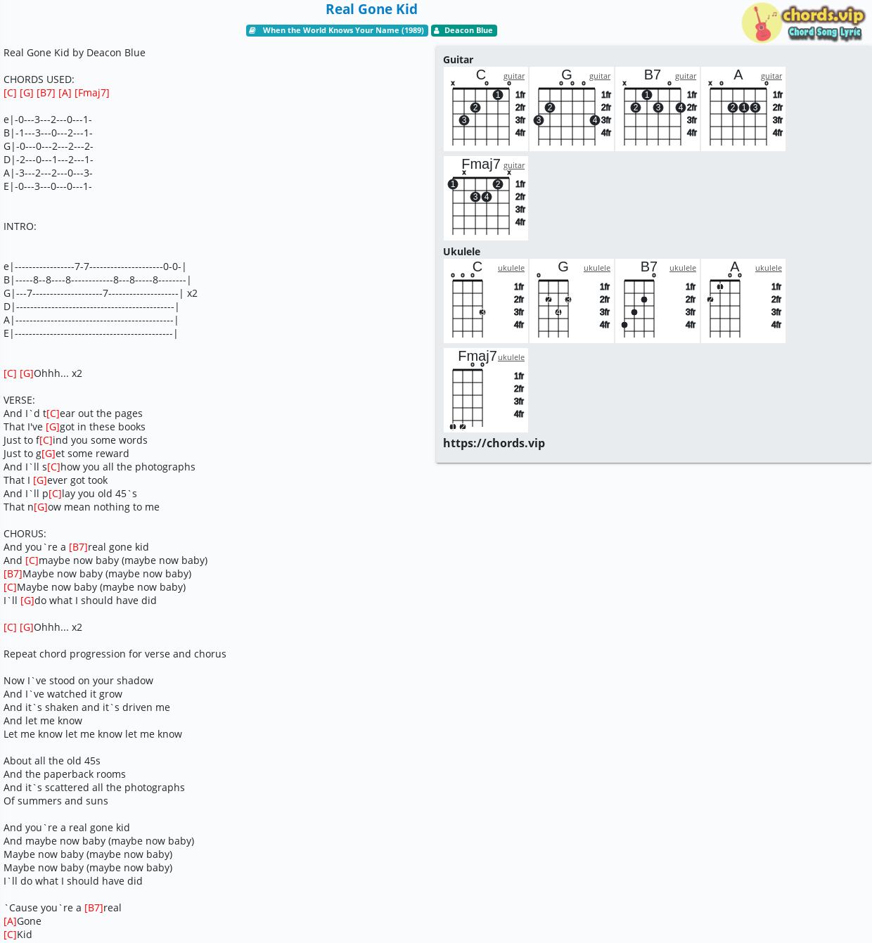 Chord Real Gone Kid Deacon Blue Tab Song Lyric Sheet Guitar Ukulele Chords Vip