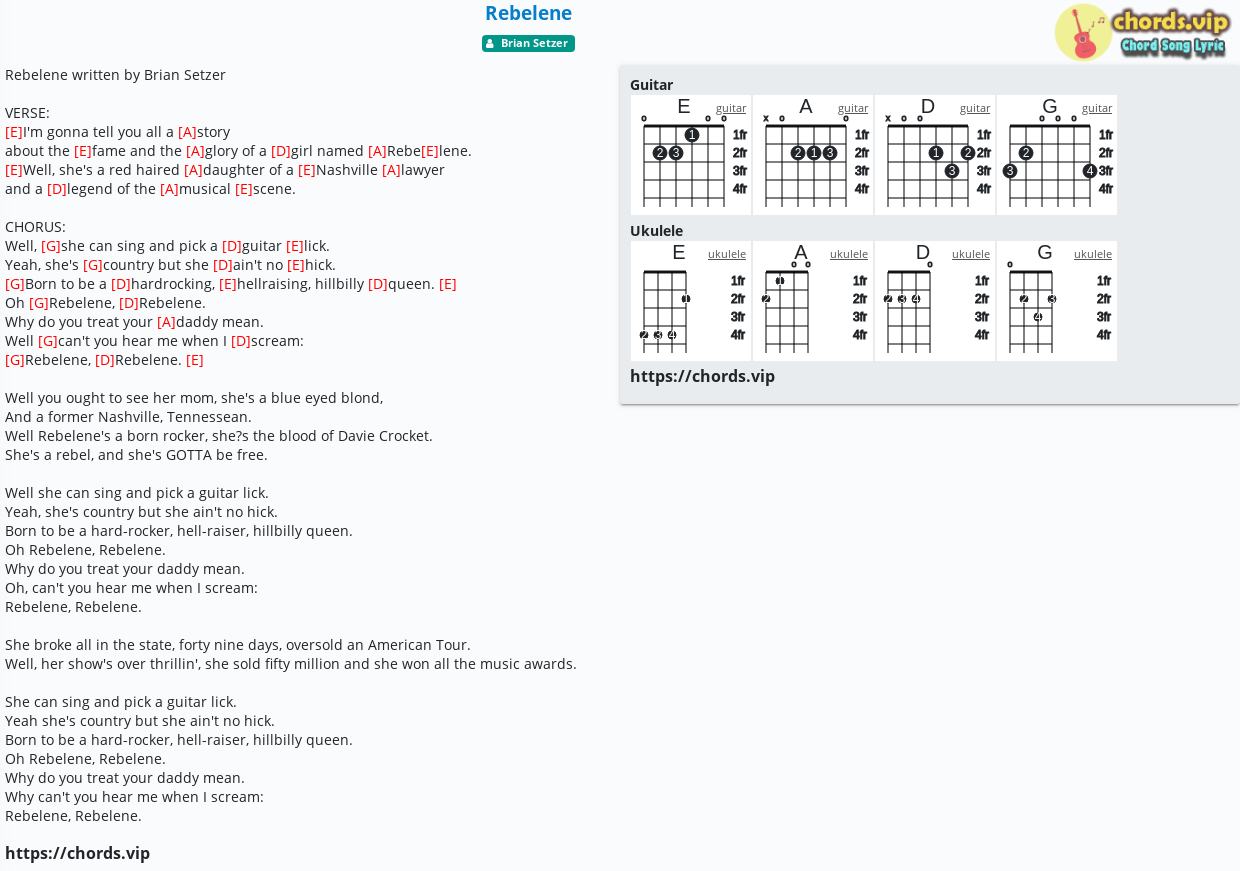 Chord: Rebelene - Brian Setzer - tab, song lyric, sheet, guitar