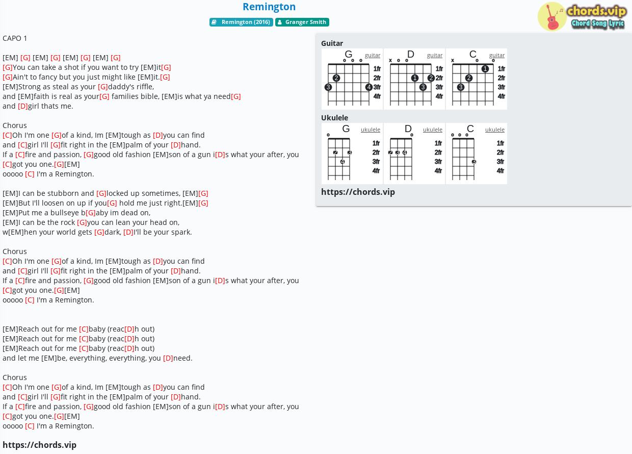 Chord Remington Granger Smith tab, song lyric, sheet, guitar