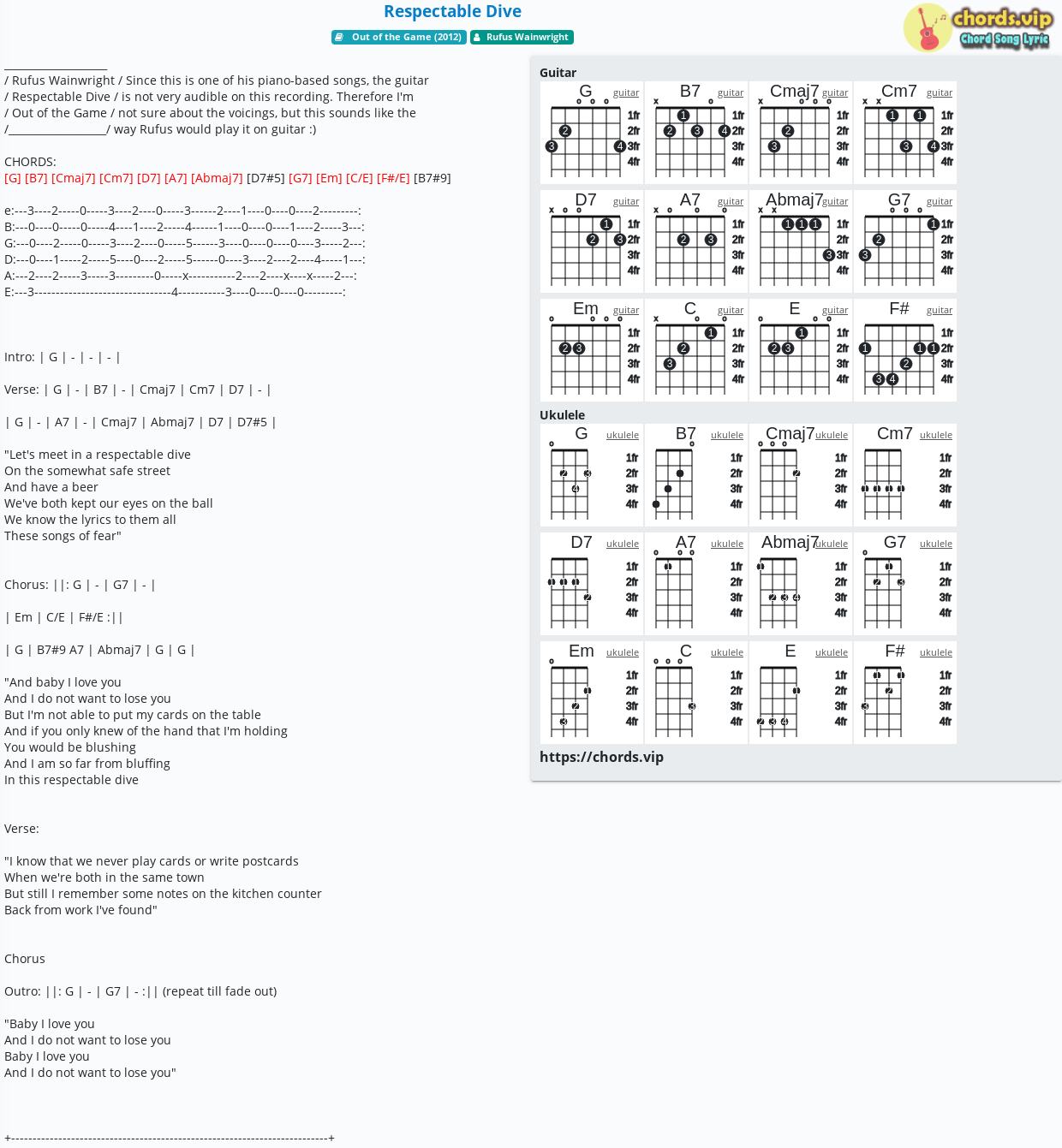 Chord Respectable Dive Rufus Wainwright Tab Song Lyric Sheet Guitar Ukulele Chords Vip