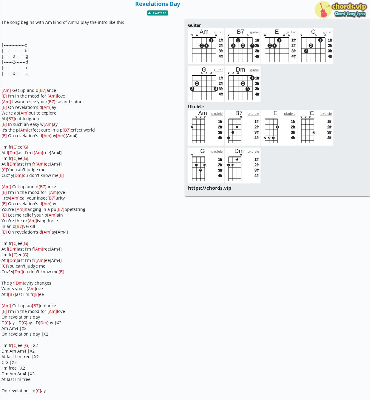 Chord Revelations Day Twoface Tab Song Lyric Sheet Guitar Ukulele Chords Vip