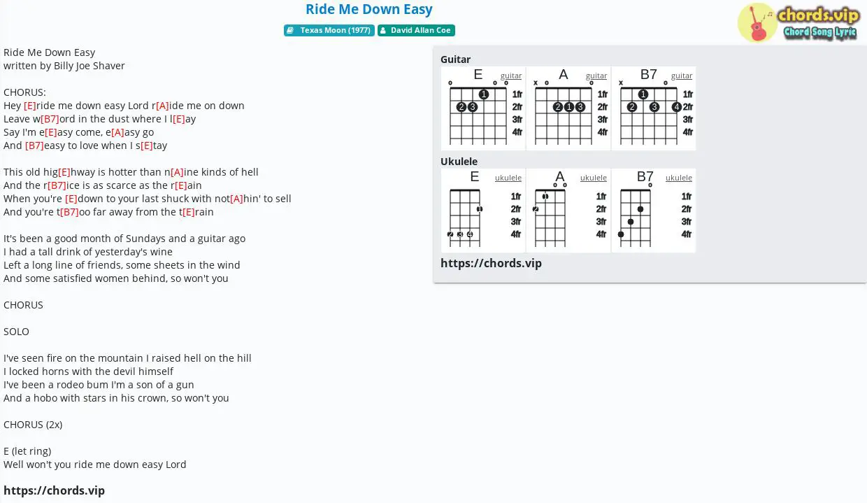 Chord Ride Me Down Easy David Allan Coe tab, song lyric, sheet