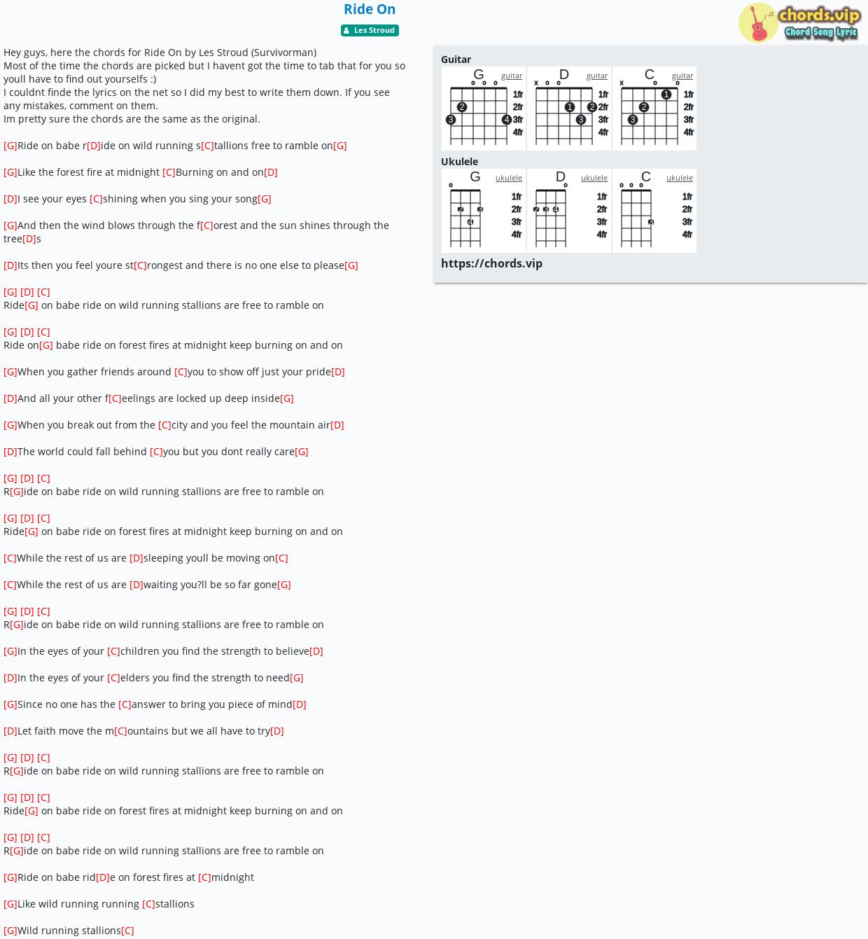 Chord Ride On Les Stroud Tab Song Lyric Sheet Guitar Ukulele Chords Vip