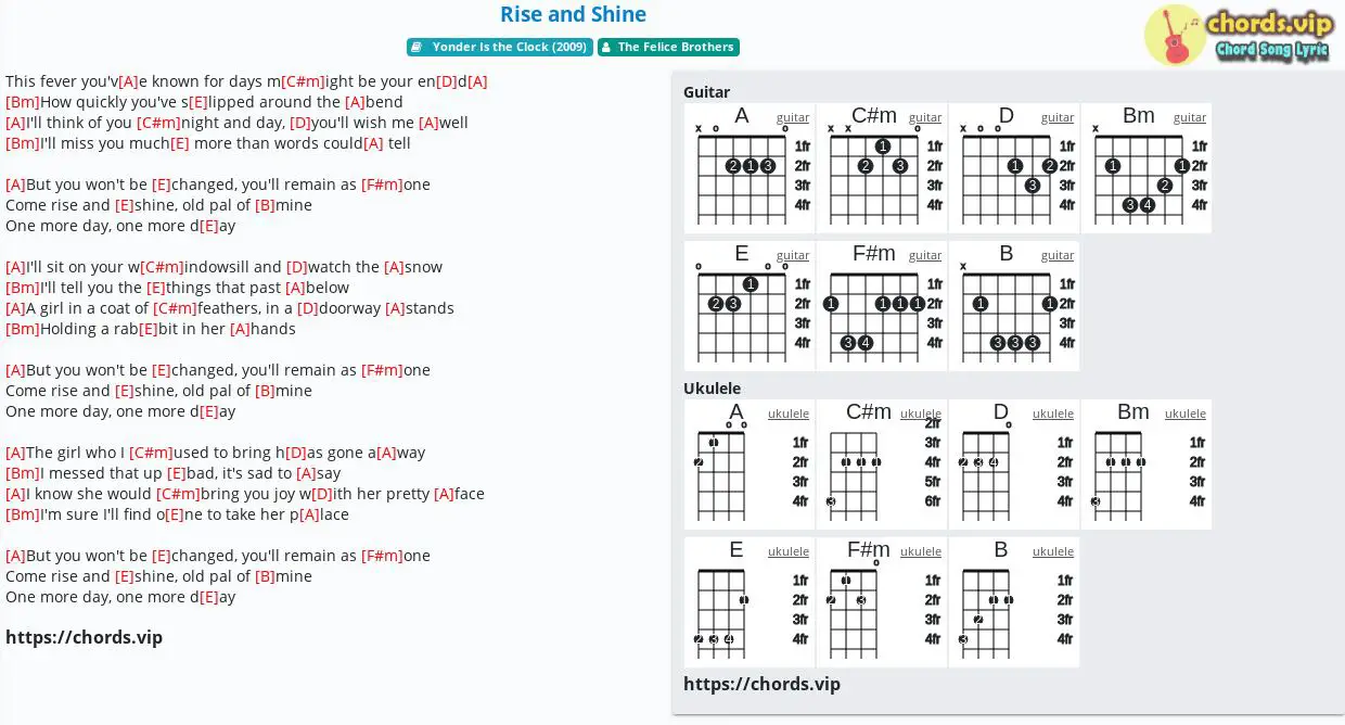 Chord Rise And Shine The Felice Brothers Tab Song Lyric Sheet Guitar Ukulele Chords Vip