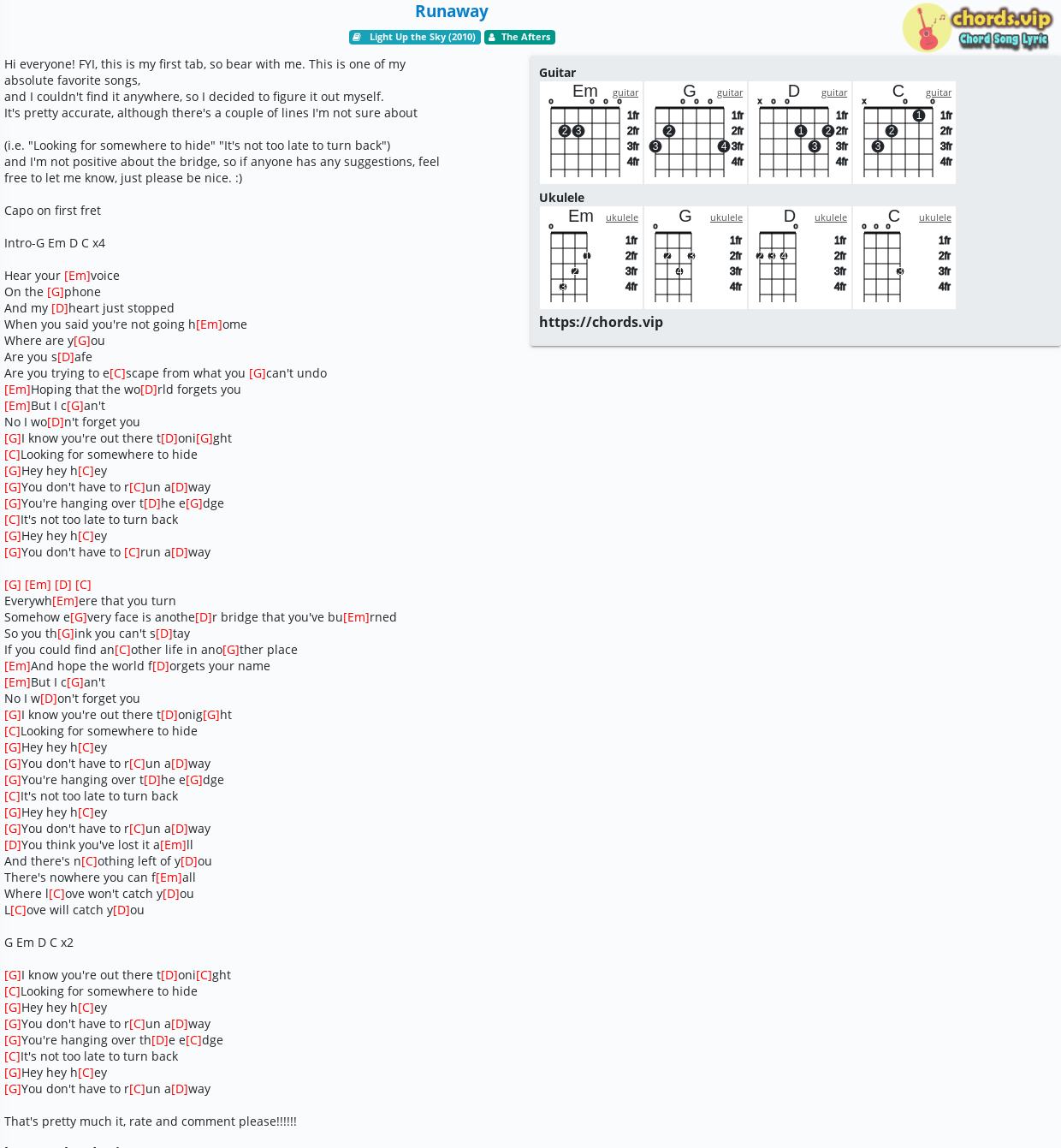 Chord Runaway The Afters Tab Song Lyric Sheet Guitar Ukulele Chords Vip