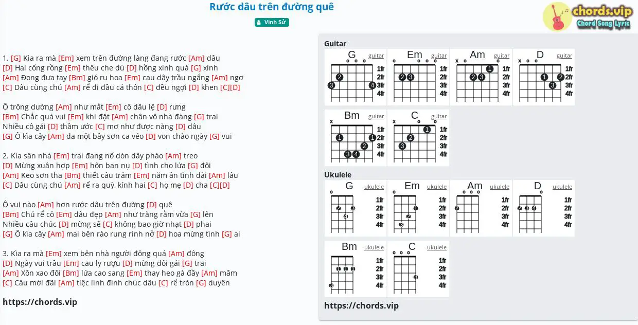 Hợp âm: Rước dâu trên đường quê - Vinh Sử - cảm âm, tab guitar ...