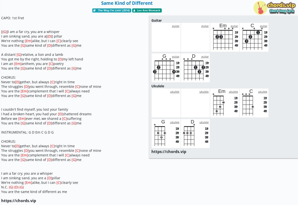 Chord Same Kind of Different Lee Ann Womack tab, song lyric, sheet