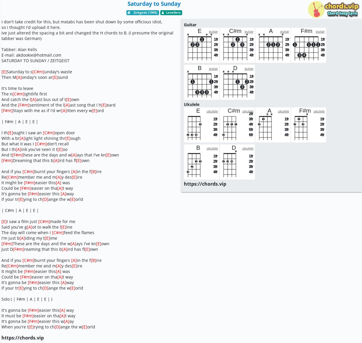Chord Saturday To Sunday Levellers Tab Song Lyric Sheet Guitar Ukulele Chords Vip