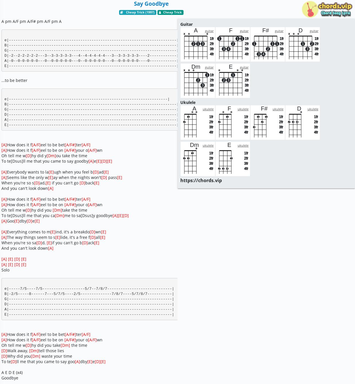 Chord Say Goodbye Cheap Trick Tab Song Lyric Sheet Guitar Ukulele Chords Vip