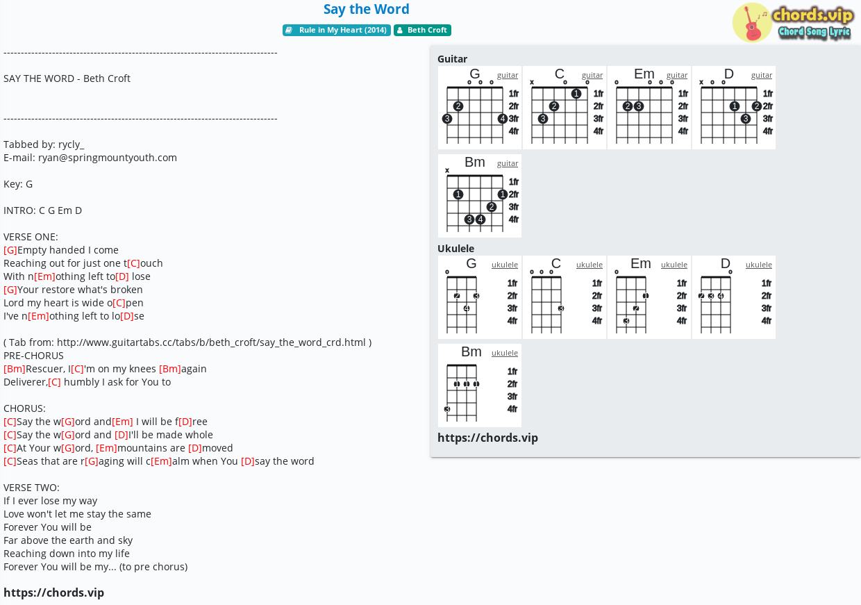 Chord Say The Word Beth Croft Tab Song Lyric Sheet Guitar Ukulele Chords Vip