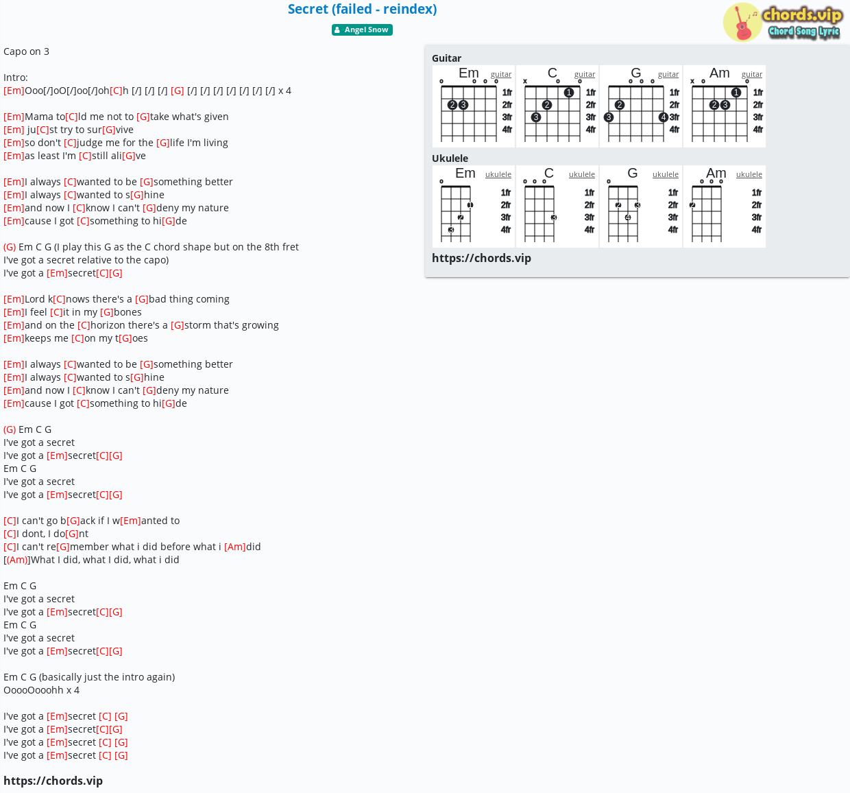Chord Secret Failed Reindex Tab Song Lyric Sheet Guitar Ukulele Chordsvip 