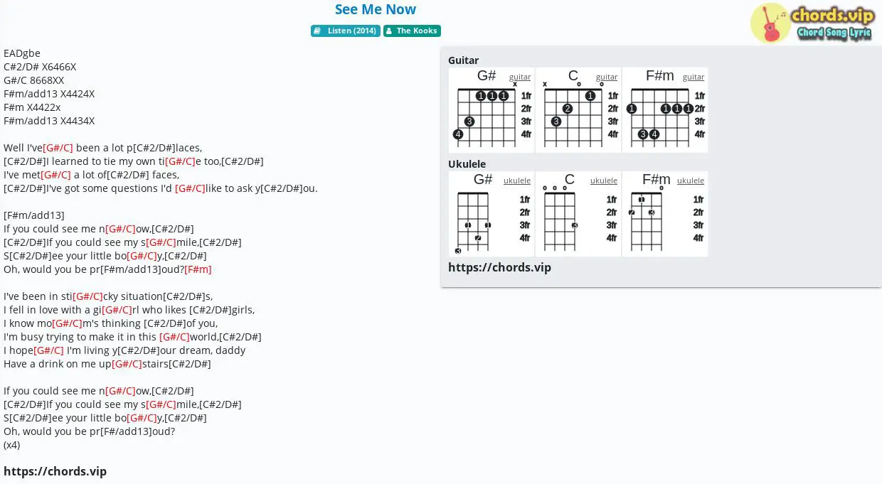 Chord See Me Now The Kooks Tab Song Lyric Sheet Guitar Ukulele Chords Vip