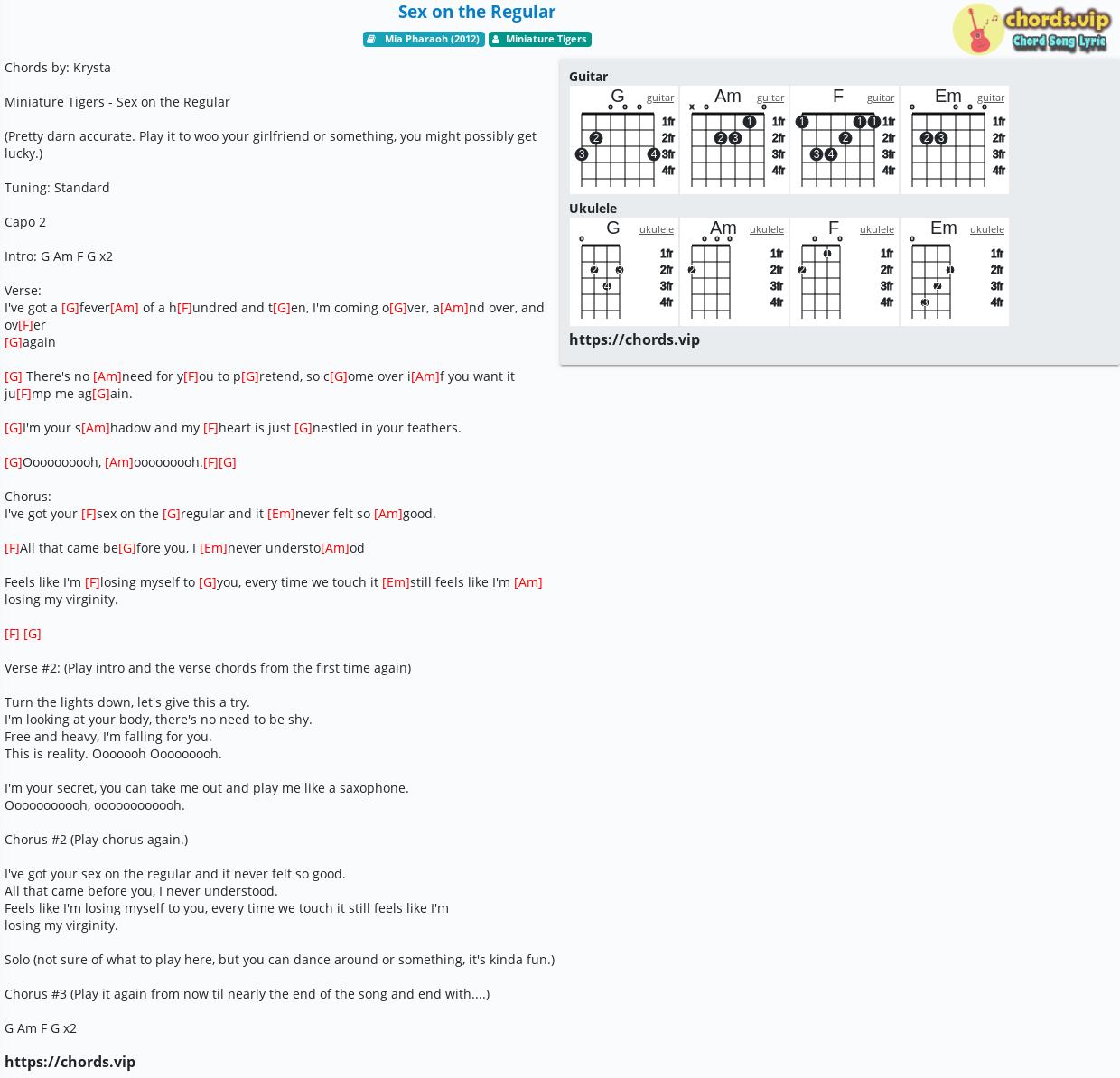 Chord Sex On The Regular Miniature Tigers Tab Song Lyric Sheet Guitar Ukulele Chordsvip 8445