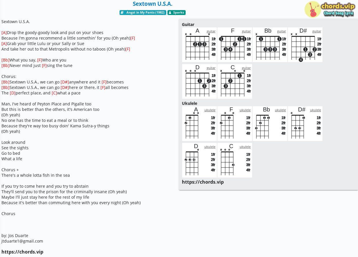 Chord: Sextown . - Sparks - tab, song lyric, sheet, guitar, ukulele |  