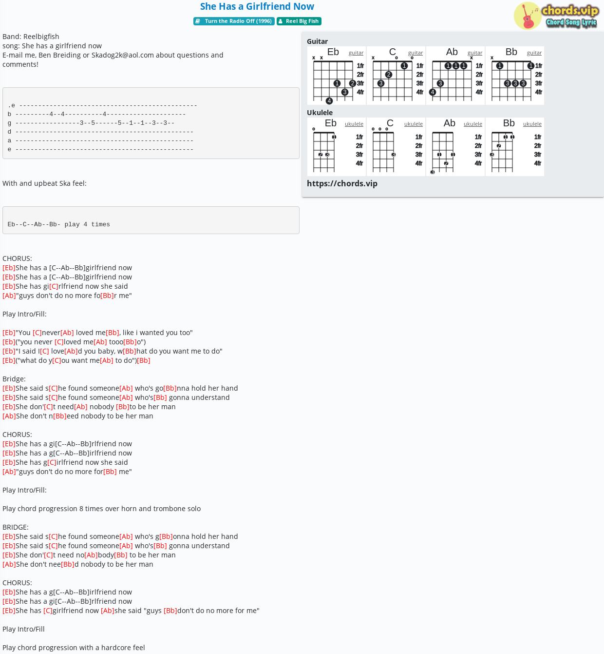 Chord She Has A Girlfriend Now Reel Big Fish Tab Song Lyric Sheet Guitar Ukulele Chords Vip